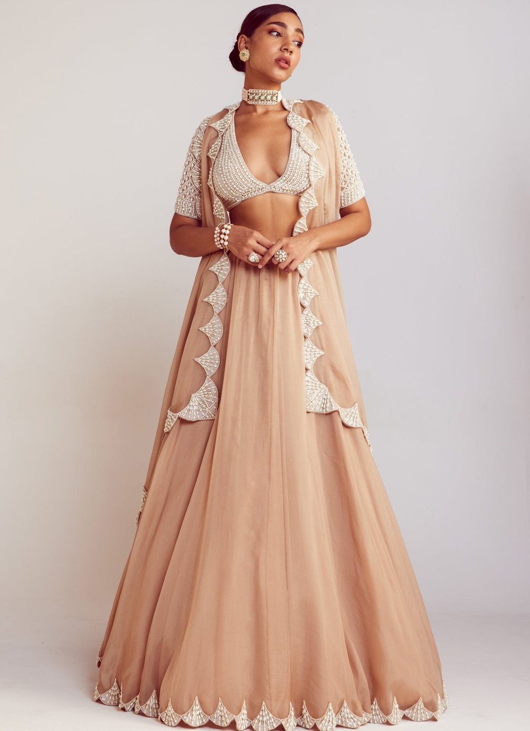 Beige Pearl Embellished Lehenga Set With Dupatta Vvani By Vani Vats - Fabilicious Fashion