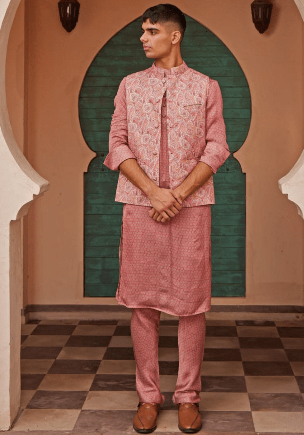 Beige Pink Printed Bandi Nidhika Shekhar - Men - Fabilicious Fashion