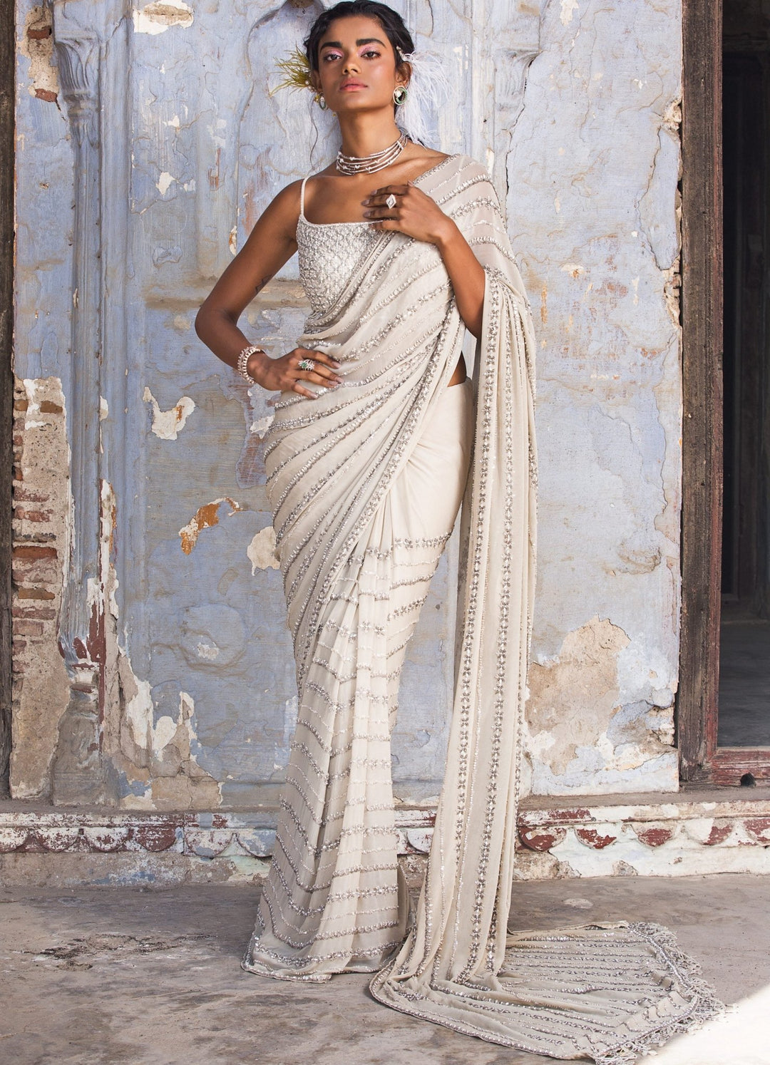 Beige Shimmer Georgette Saree Nitika Gujral - Fabilicious Fashion
