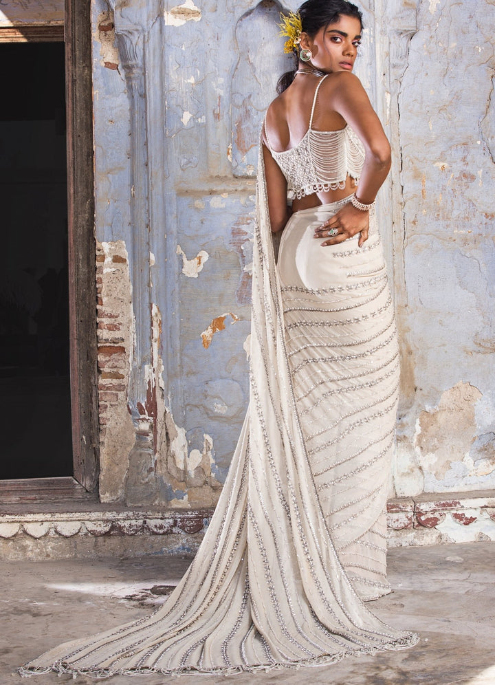Beige Shimmer Georgette Saree Nitika Gujral - Fabilicious Fashion