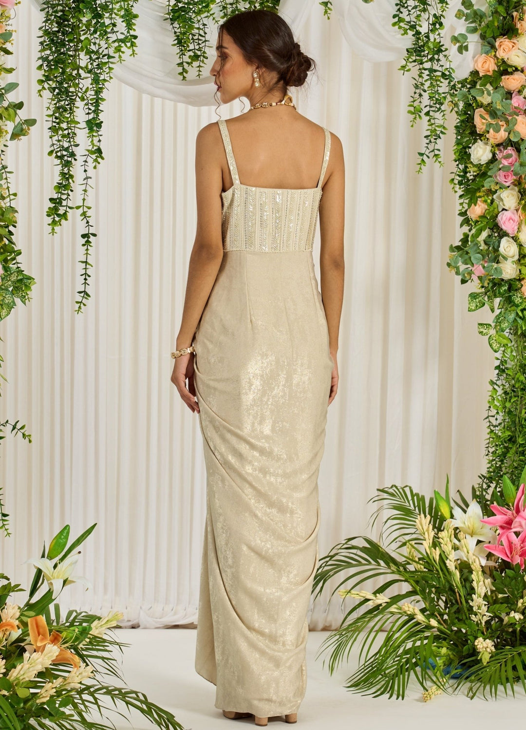 Beige Silk Corset Draped Dress Nidhika Shekhar - Fabilicious Fashion