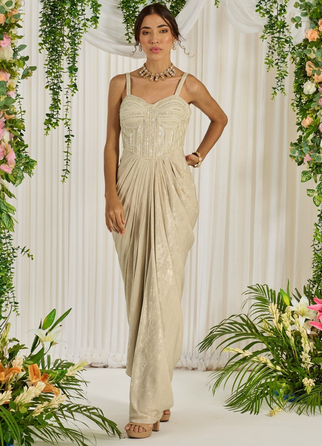 Beige Silk Corset Draped Dress Nidhika Shekhar - Fabilicious Fashion