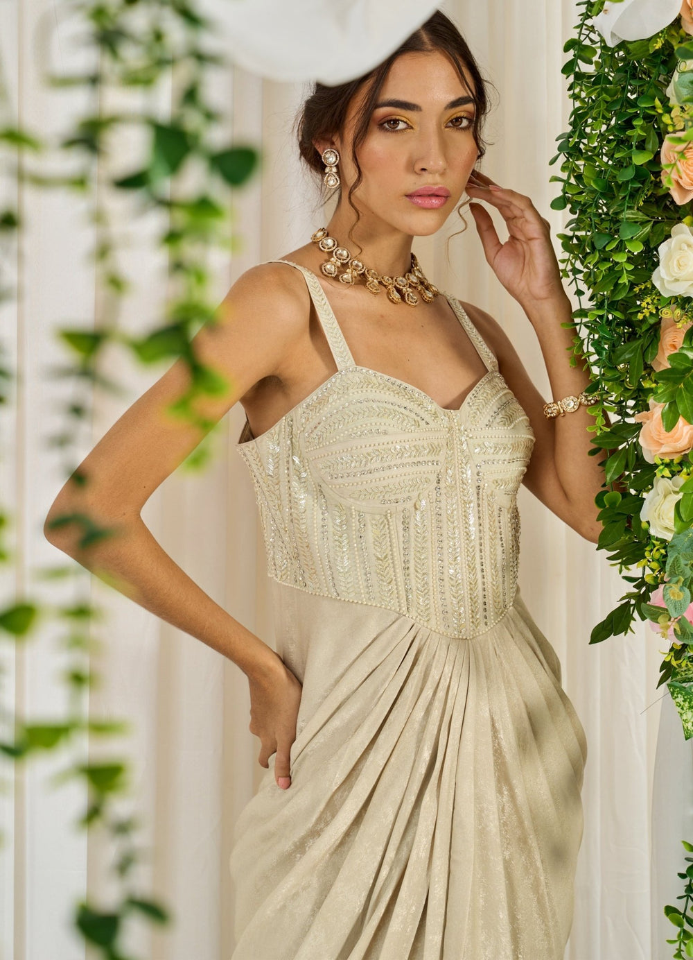 Beige Silk Corset Draped Dress Nidhika Shekhar - Fabilicious Fashion