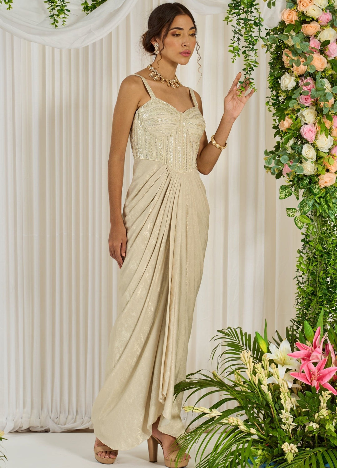 Nidhika Shekhar Beige Silk Corset Draped Dress Fabilicious Fashion Nidhika Shekhar Beige Silk Corset Draped Dress Fabilicious Fashion