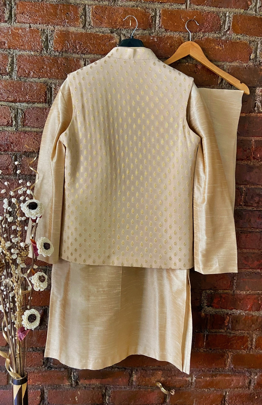 Beige Silk Kurta Vest And Pant Set Priti Sahni - Men - Fabilicious Fashion
