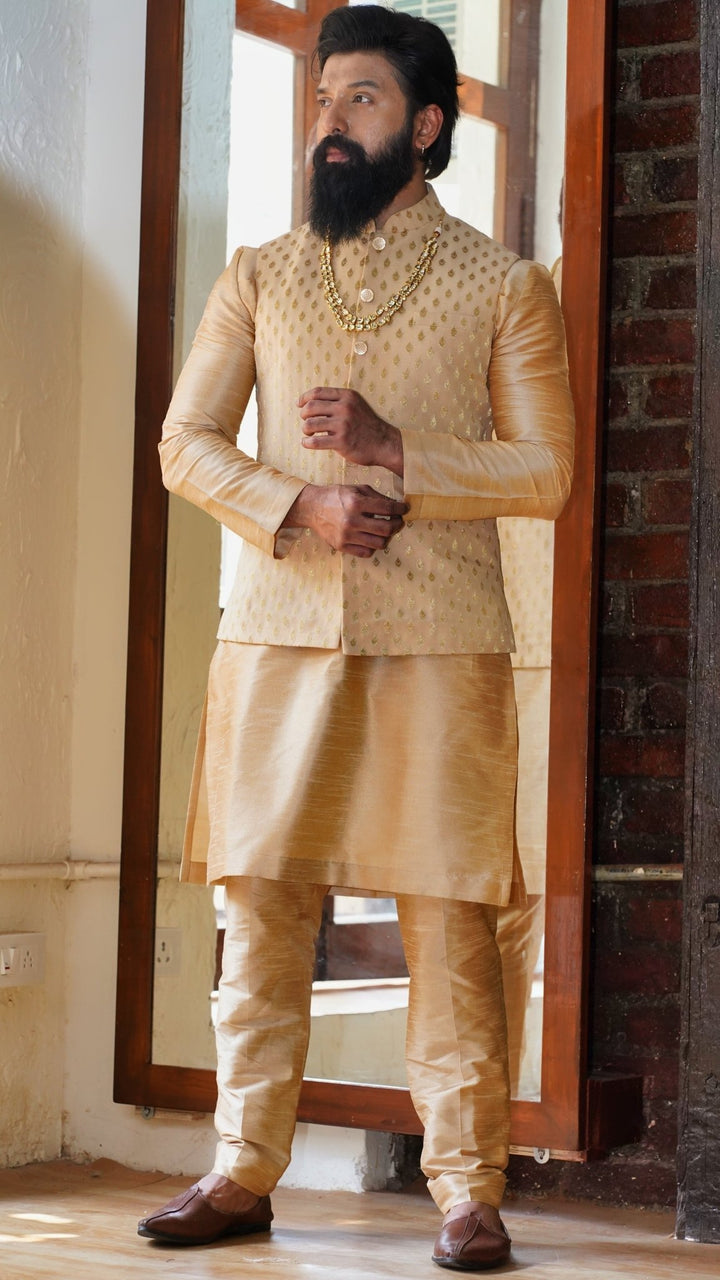 Beige Silk Kurta Vest And Pant Set Priti Sahni - Men - Fabilicious Fashion