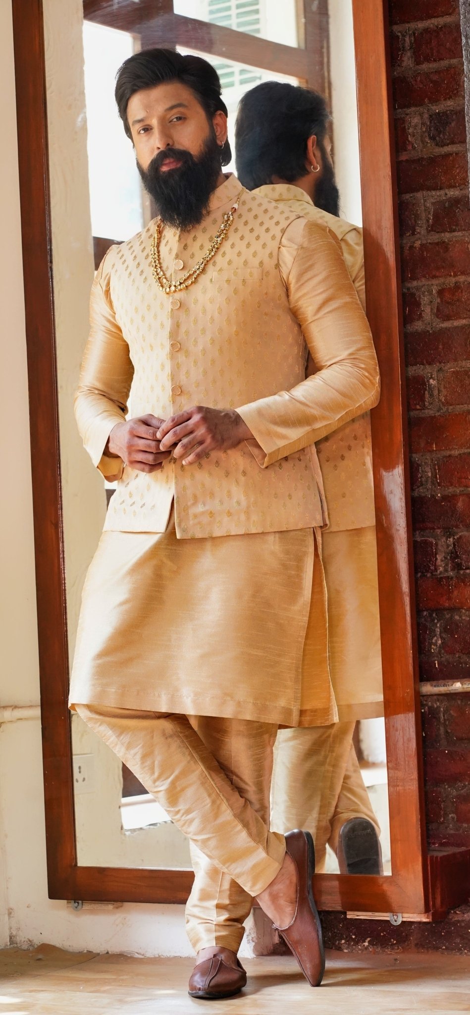 Beige Silk Kurta Vest And Pant Set Priti Sahni - Men - Fabilicious Fashion