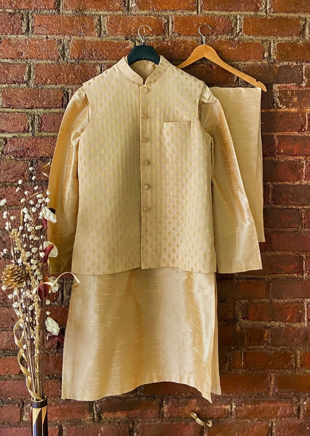 Beige Silk Kurta Vest And Pant Set Priti Sahni - Men - Fabilicious Fashion