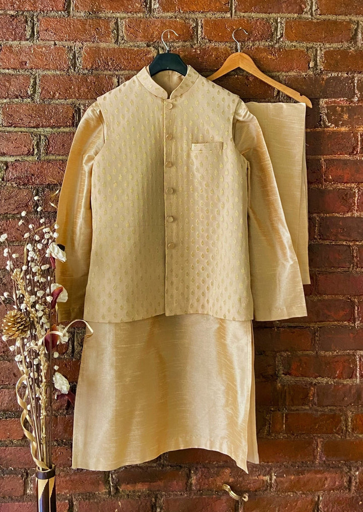 Beige Silk Kurta Vest And Pant Set Priti Sahni - Men - Fabilicious Fashion