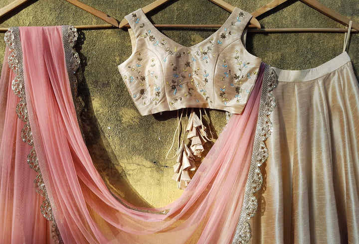 Beige Silk Lehenga Set with Pink Scallop Dupatta Priti Sahni - Fabilicious Fashion