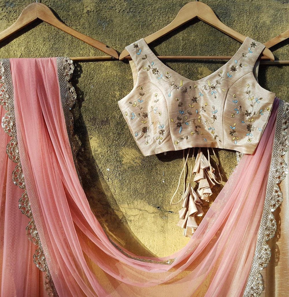 Beige Silk Lehenga Set with Pink Scallop Dupatta Priti Sahni - Fabilicious Fashion