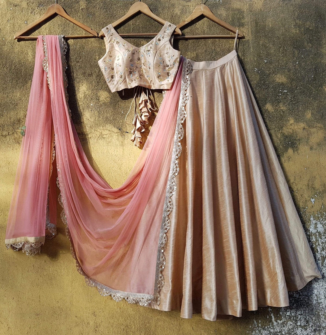 Beige Silk Lehenga Set with Pink Scallop Dupatta Priti Sahni - Fabilicious Fashion