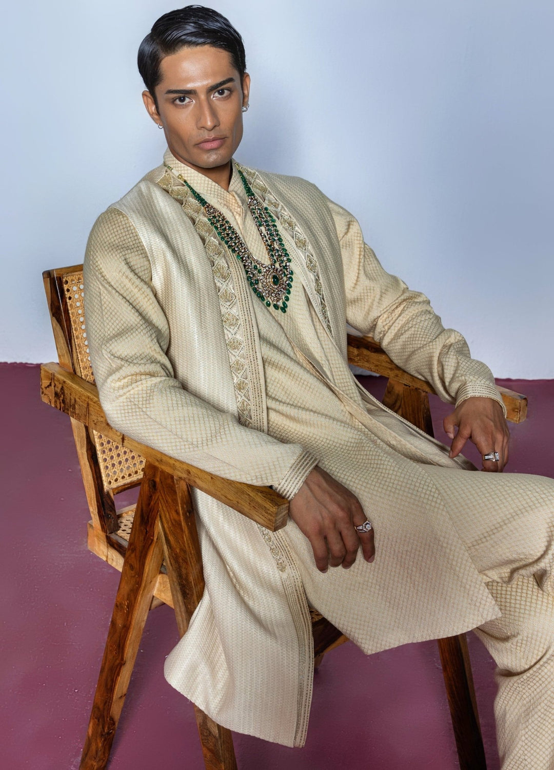 Beige Threadwork Shrug With Kurta Set Contrast By Parth - Fabilicious Fashion