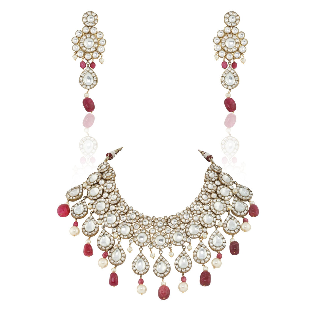 Big Round Stones Layered Necklace Set With Pink Beads Riana by Shikha Jindal - Fabilicious Fashion