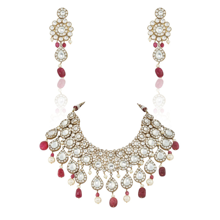 Big Round Stones Layered Necklace Set With Pink Beads Riana by Shikha Jindal - Fabilicious Fashion