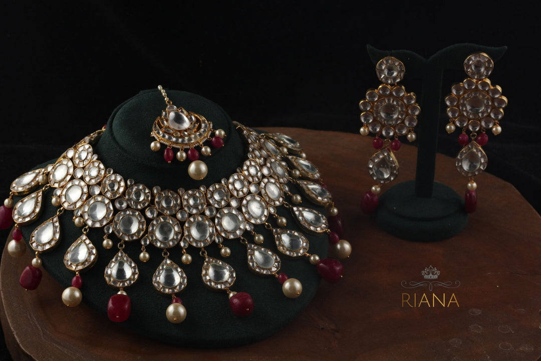 Big Round Stones Layered Necklace Set With Pink Beads Riana by Shikha Jindal - Fabilicious Fashion