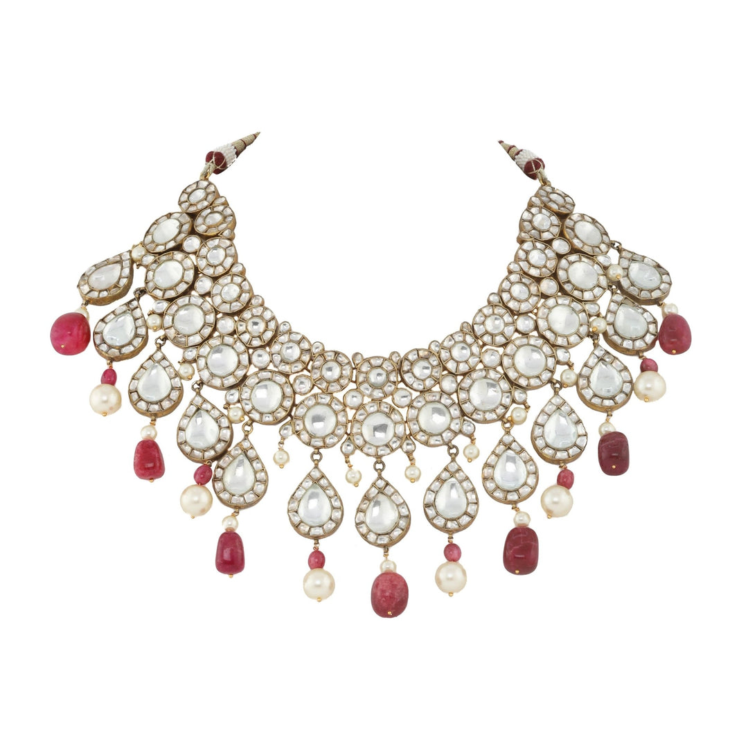 Big Round Stones Layered Necklace Set With Pink Beads Riana by Shikha Jindal - Fabilicious Fashion
