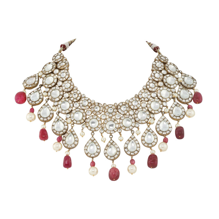 Big Round Stones Layered Necklace Set With Pink Beads Riana by Shikha Jindal - Fabilicious Fashion