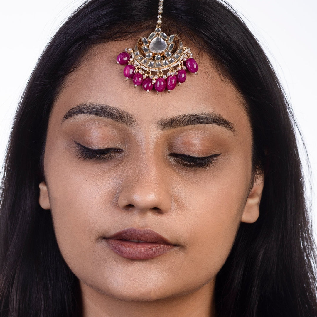 Big Stone Maang Tikka In Pink Riana by Shikha Jindal - Fabilicious Fashion