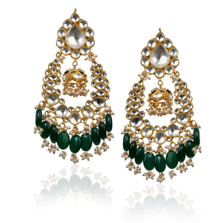 Big Stone White Earring In Green Hangings With Small Jhumki Riana by Shikha Jindal - Fabilicious Fashion