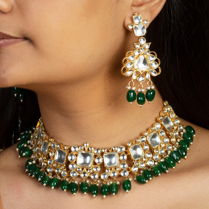 Big White Jadtar Stone Set With Green Beads Riana by Shikha Jindal - Fabilicious Fashion