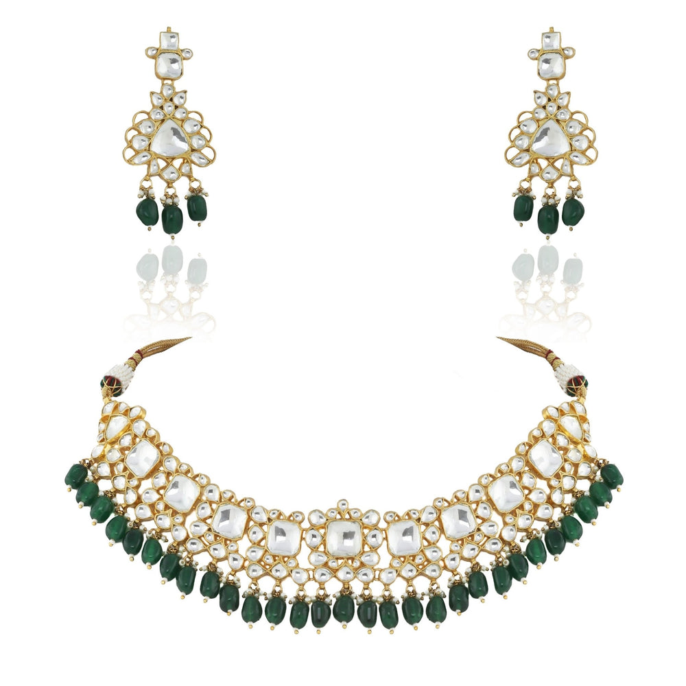 Big White Jadtar Stone Set With Green Beads Riana by Shikha Jindal - Fabilicious Fashion