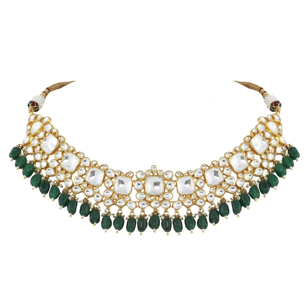 Big White Jadtar Stone Set With Green Beads Riana by Shikha Jindal - Fabilicious Fashion