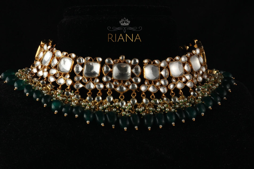 Big White Jadtar Stone Set With Green Beads Riana by Shikha Jindal - Fabilicious Fashion