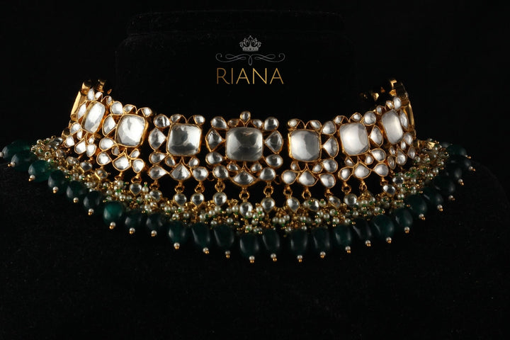 Big White Jadtar Stone Set With Green Beads Riana by Shikha Jindal - Fabilicious Fashion