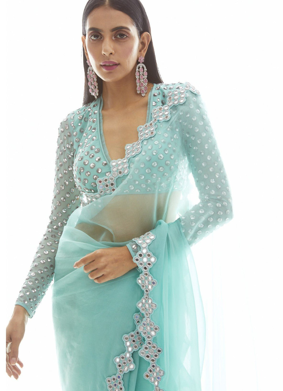 Biscay Green Organza Mirror Border Saree Set Vvani by Vani Vats - Fabilicious Fashion