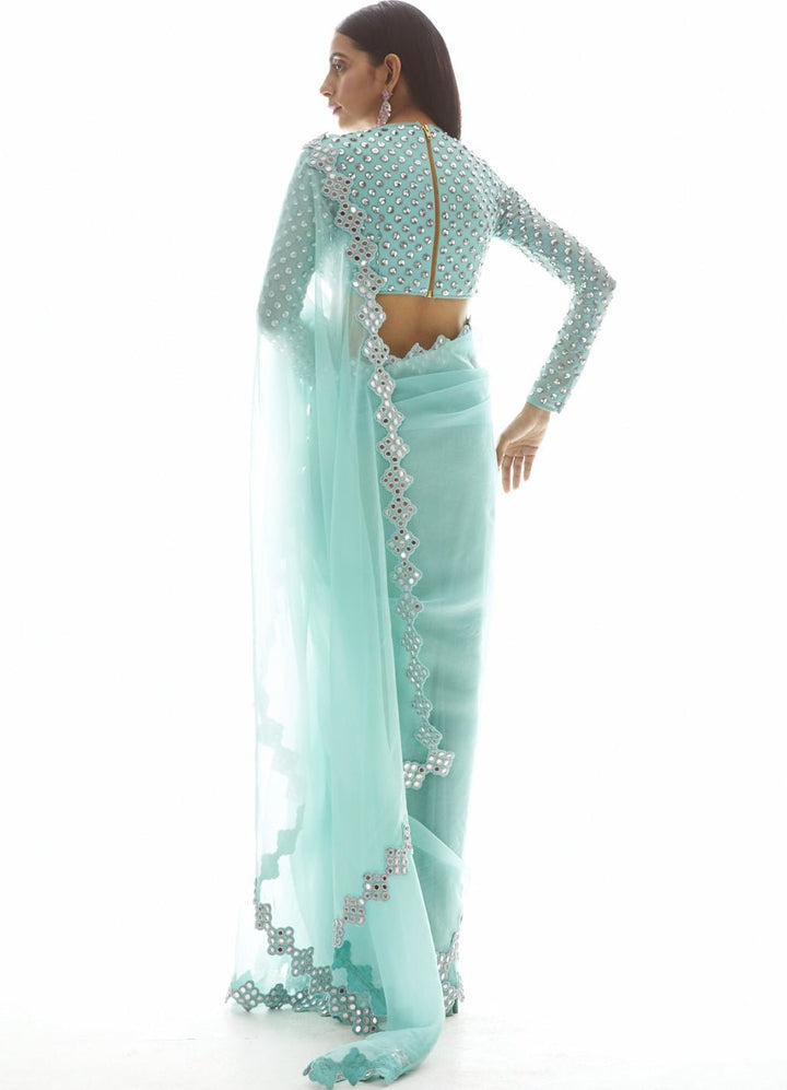 Biscay Green Organza Mirror Border Saree Set Vvani by Vani Vats - Fabilicious Fashion