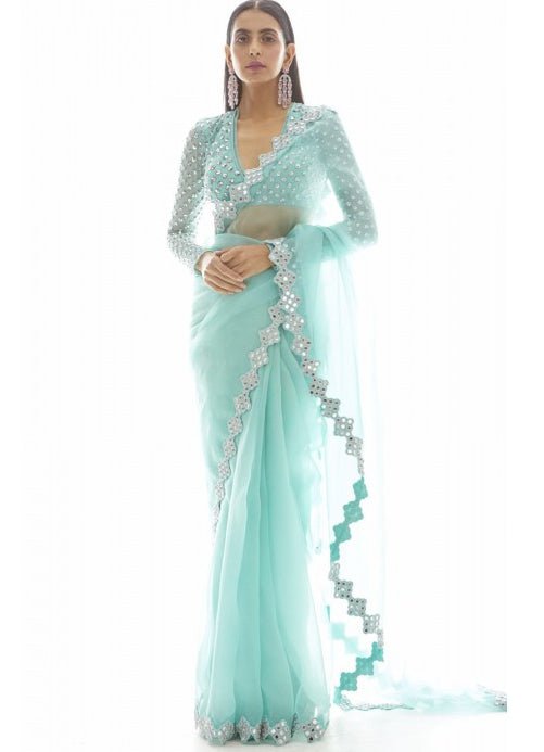 Biscay Green Organza Mirror Border Saree Set Vvani by Vani Vats - Fabilicious Fashion