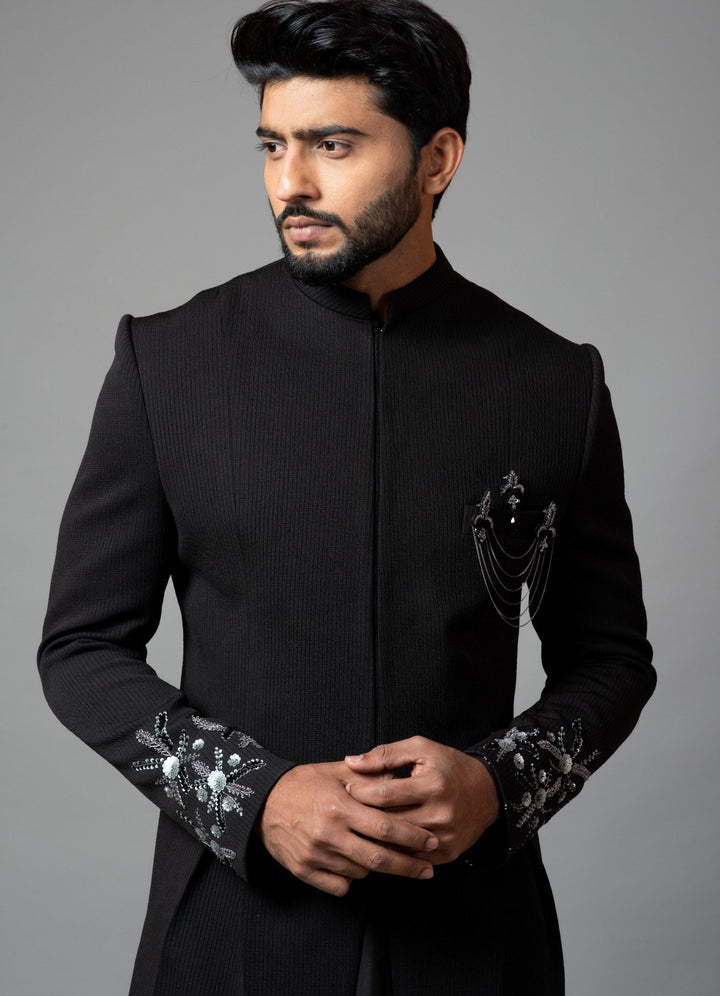 Black Achkan With Embroidered Sleeves And Anarkali Kurta Smriti - Fabilicious Fashion