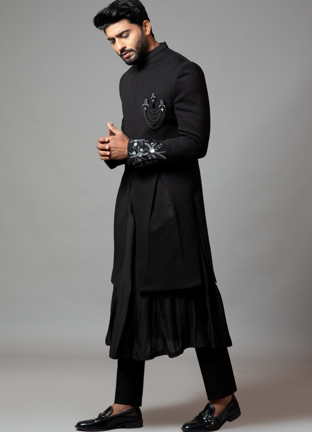 Black Achkan With Embroidered Sleeves And Anarkali Kurta Smriti - Fabilicious Fashion