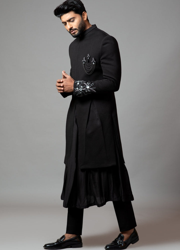 Black Achkan With Embroidered Sleeves And Anarkali Kurta Smriti - Fabilicious Fashion