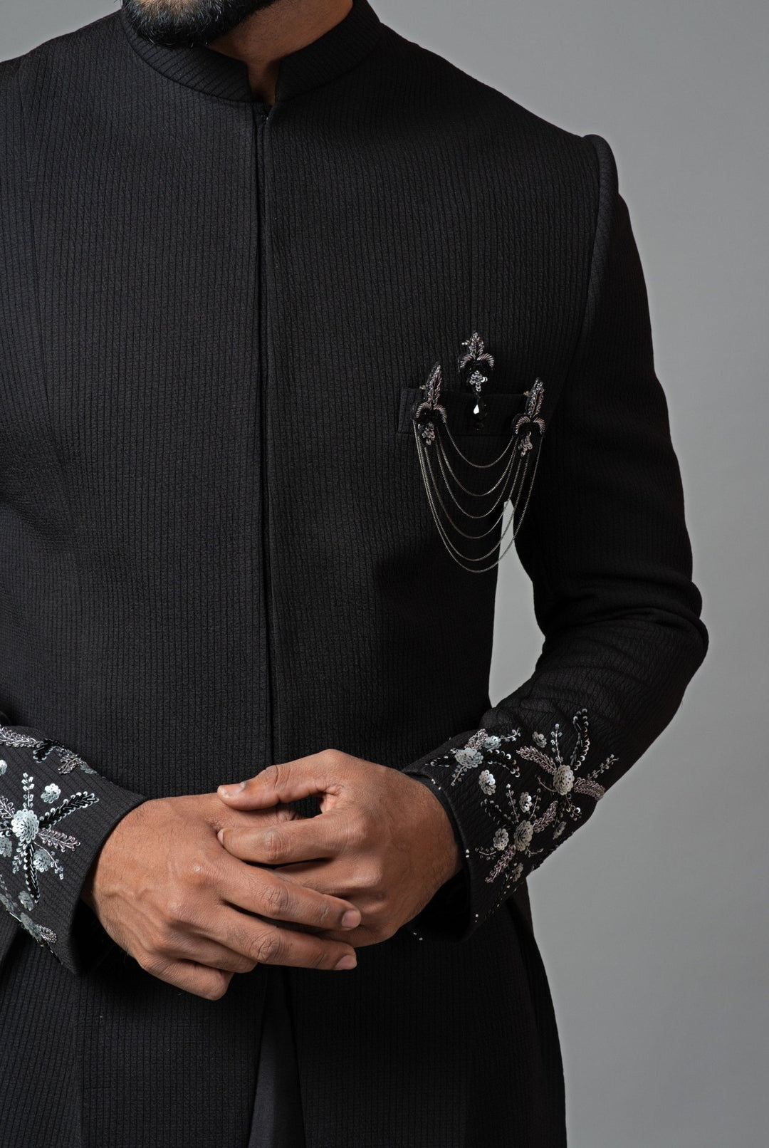 Black Achkan With Embroidered Sleeves And Anarkali Kurta Smriti - Fabilicious Fashion