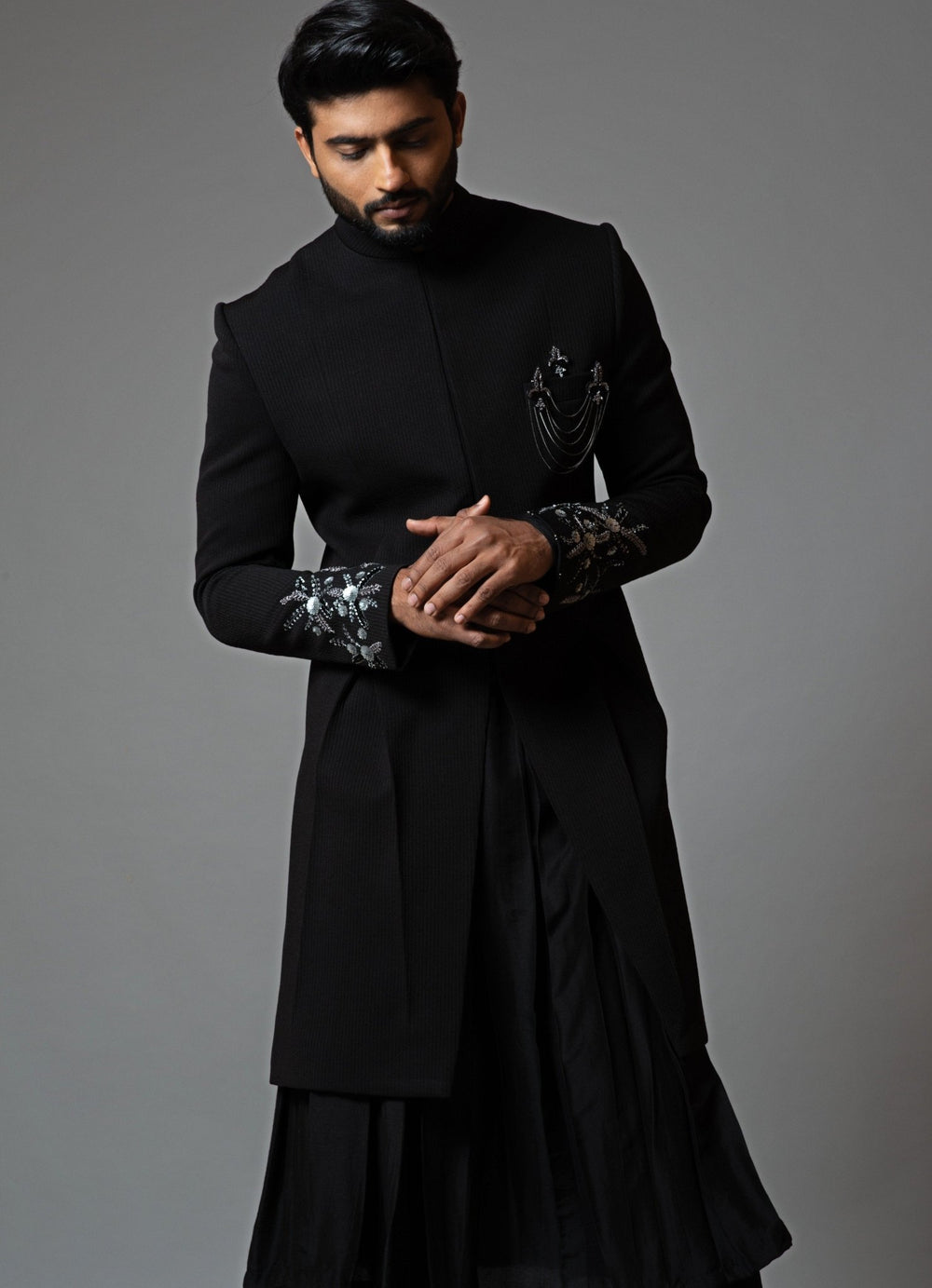 Black Achkan With Embroidered Sleeves And Anarkali Kurta Smriti - Fabilicious Fashion