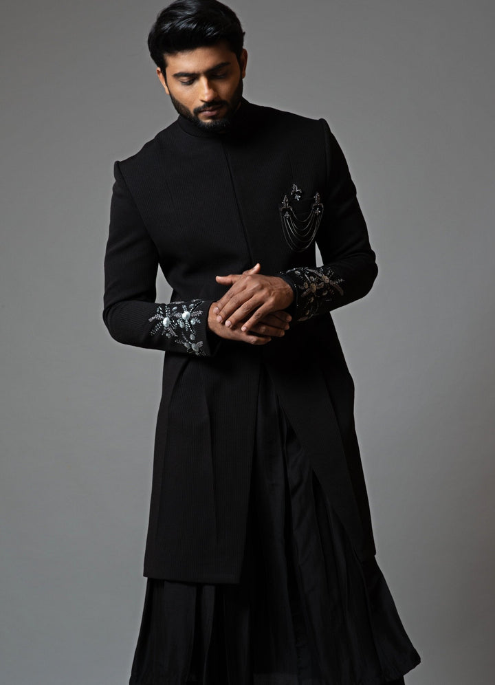 Black Achkan With Embroidered Sleeves And Anarkali Kurta Smriti - Fabilicious Fashion