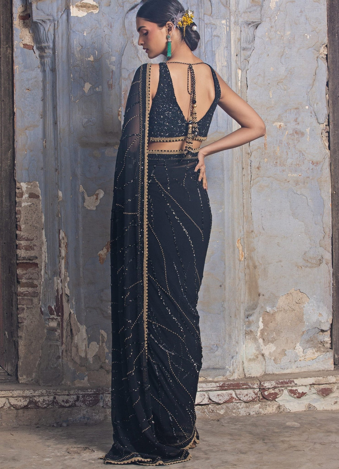 Black and Georgette Crystal Embellished Saree Set Nitika Gujral - Fabilicious Fashion