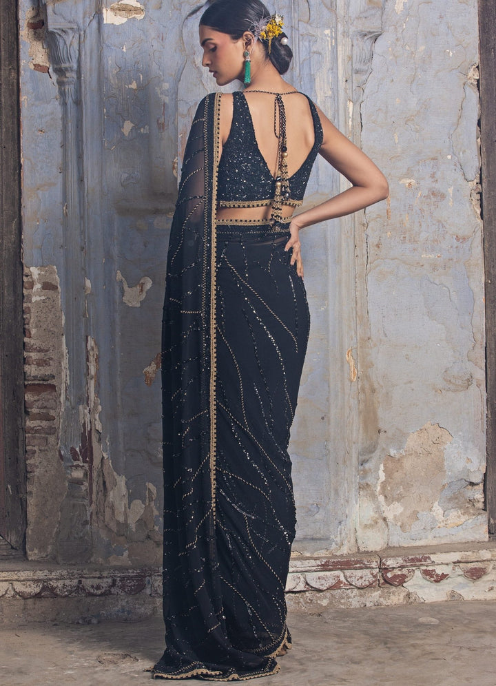 Black and Georgette Crystal Embellished Saree Set Nitika Gujral - Fabilicious Fashion