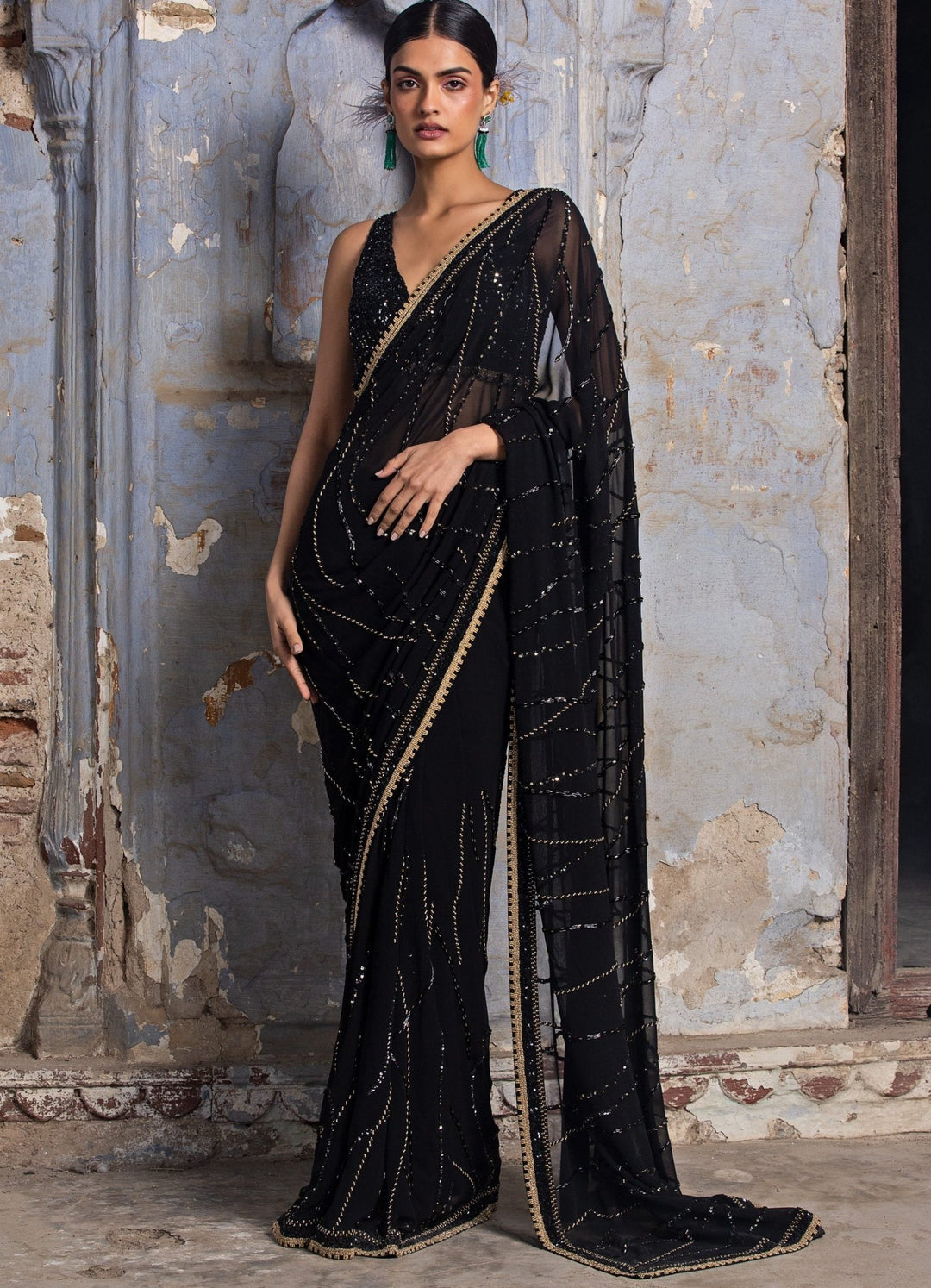 Black and Georgette Crystal Embellished Saree Set Nitika Gujral - Fabilicious Fashion