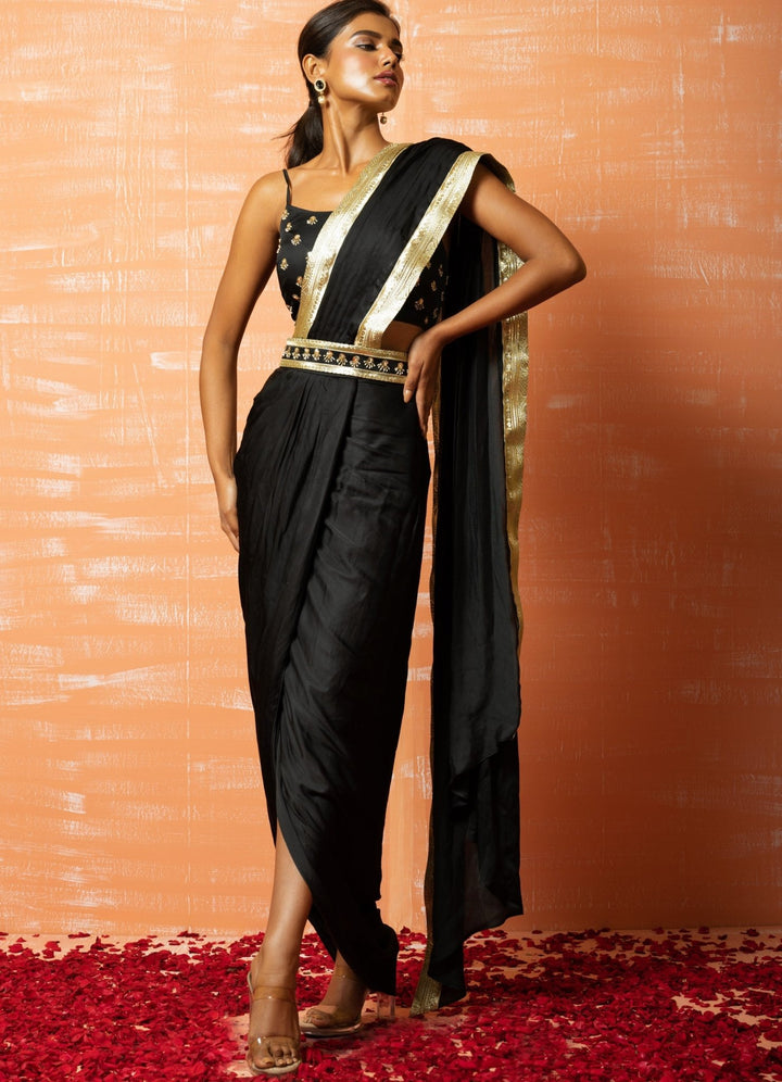 Black and Gold Dhoti Saree Set QAT By Agni - Fabilicious Fashion