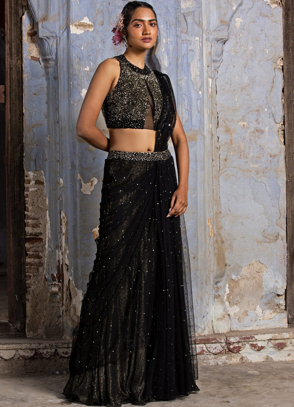 Black And Gold Drape Saree With Modern Cut Blouse Nitika Gujral - Fabilicious Fashion