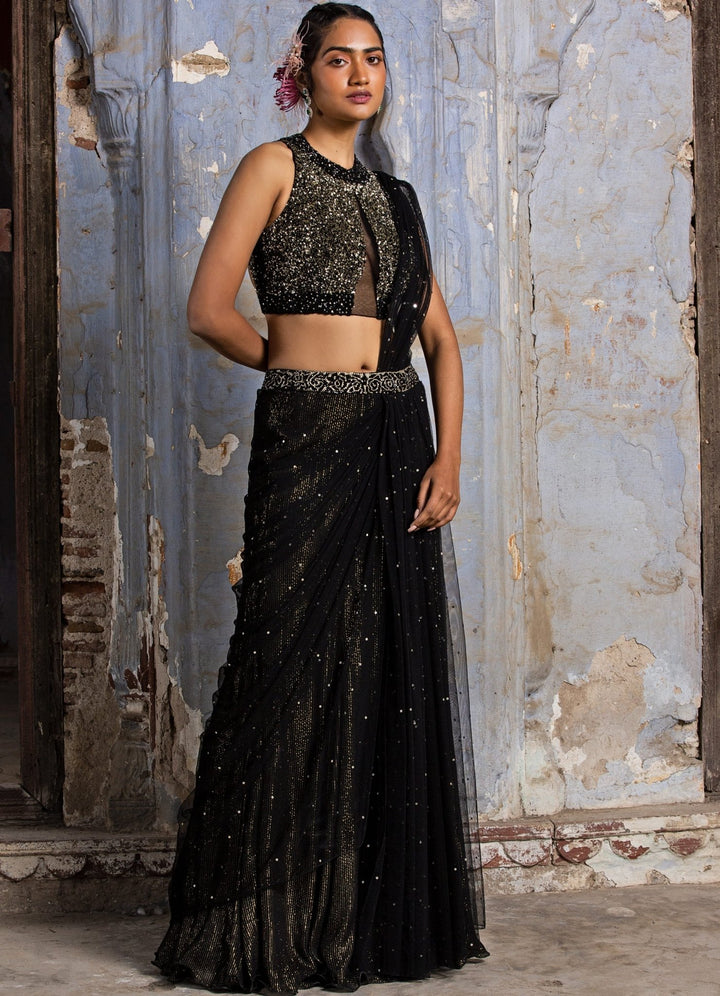 Black And Gold Drape Saree With Modern Cut Blouse Nitika Gujral - Fabilicious Fashion