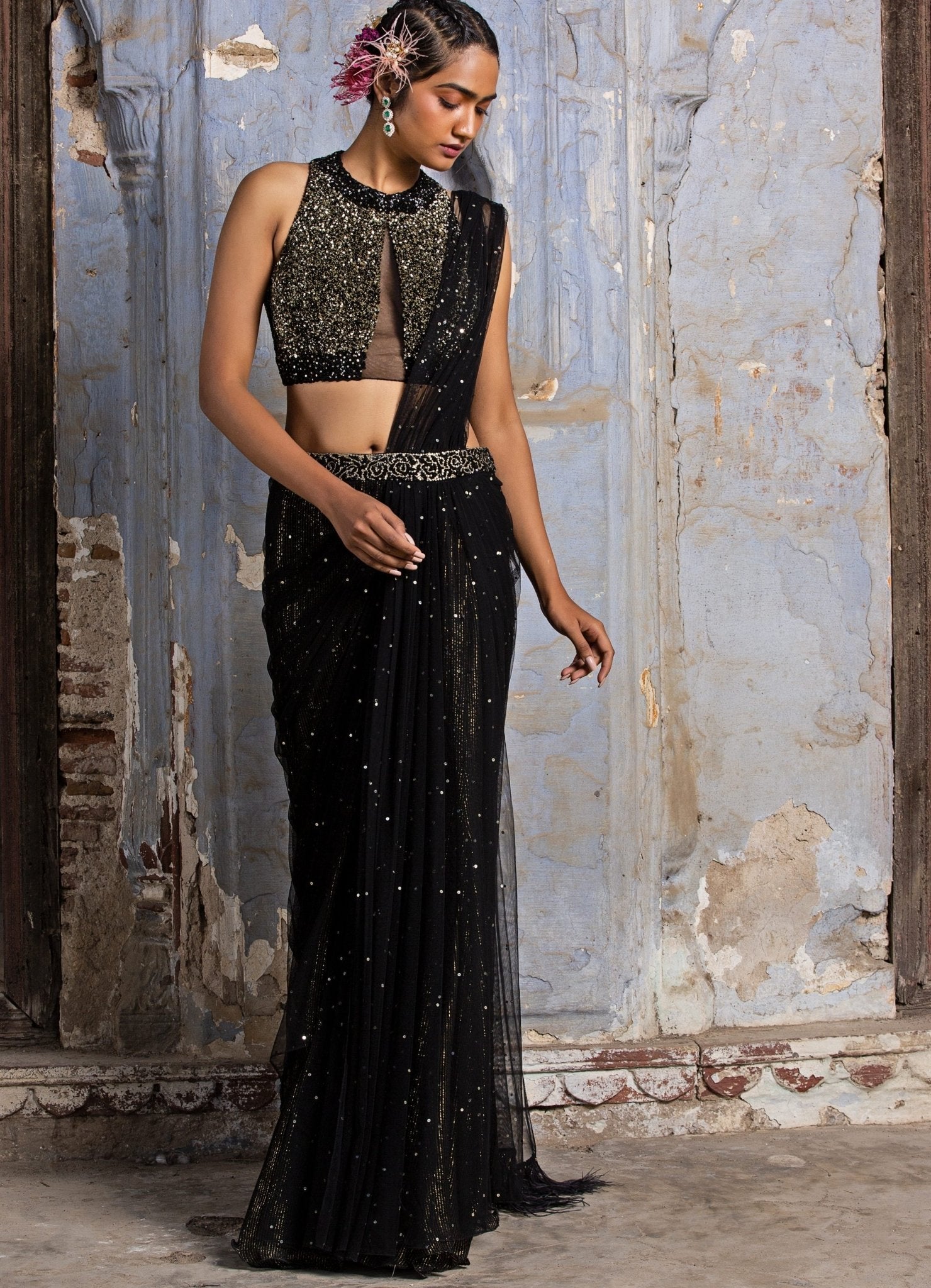 Black and Gold Drape Saree with Modern Cut Blouse by Nitika Gujral — designer reception saree