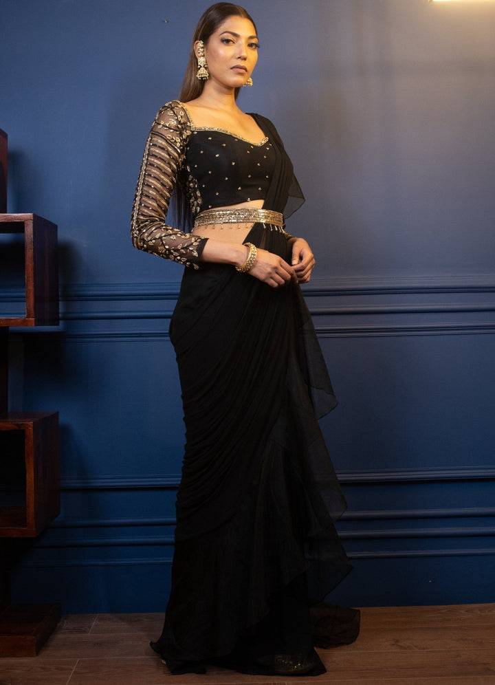 Black and Gold Draped Saree Set Parul Gandhi - Fabilicious Fashion