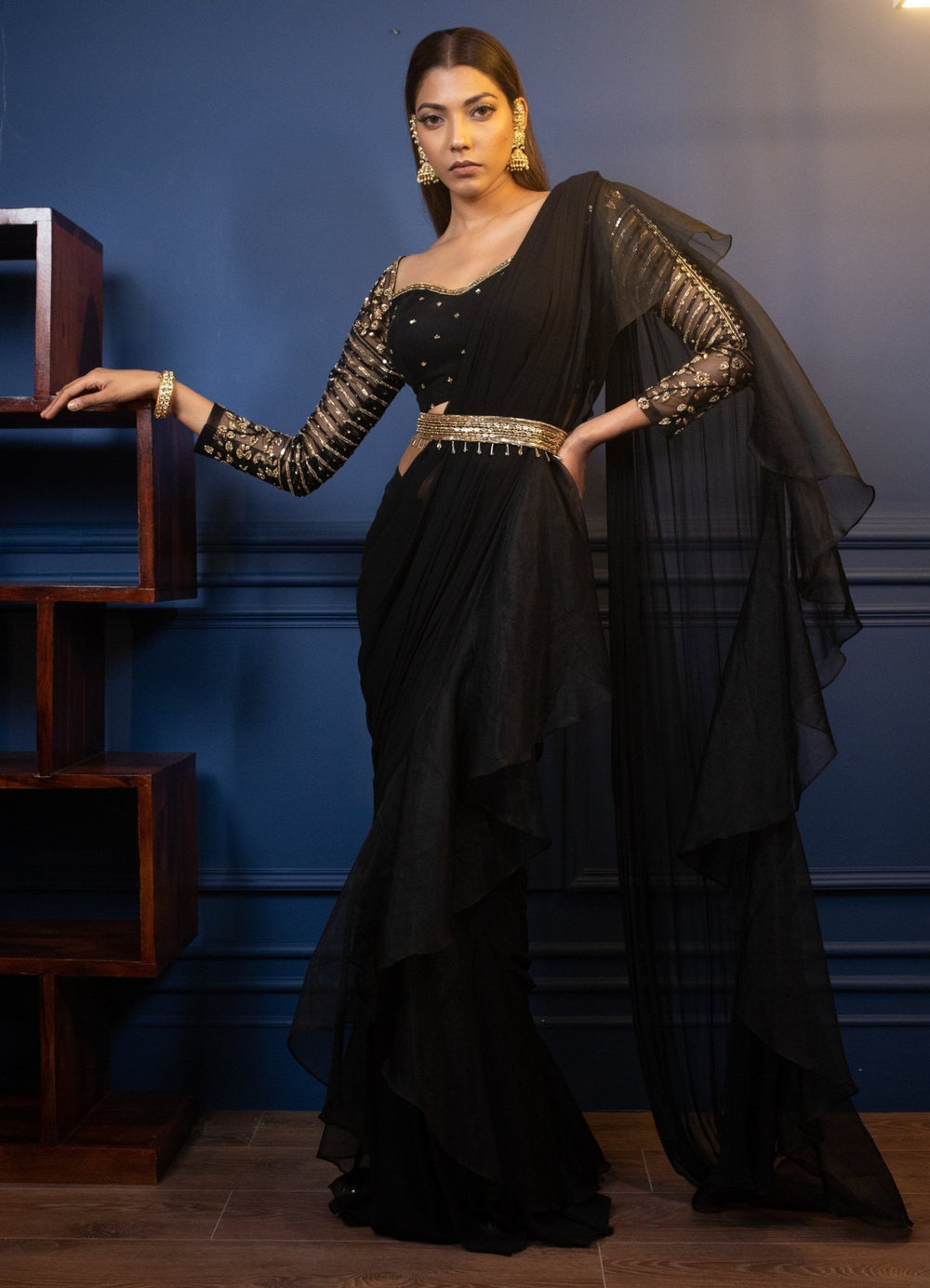 Black and Gold Draped Saree Set Parul Gandhi - Fabilicious Fashion