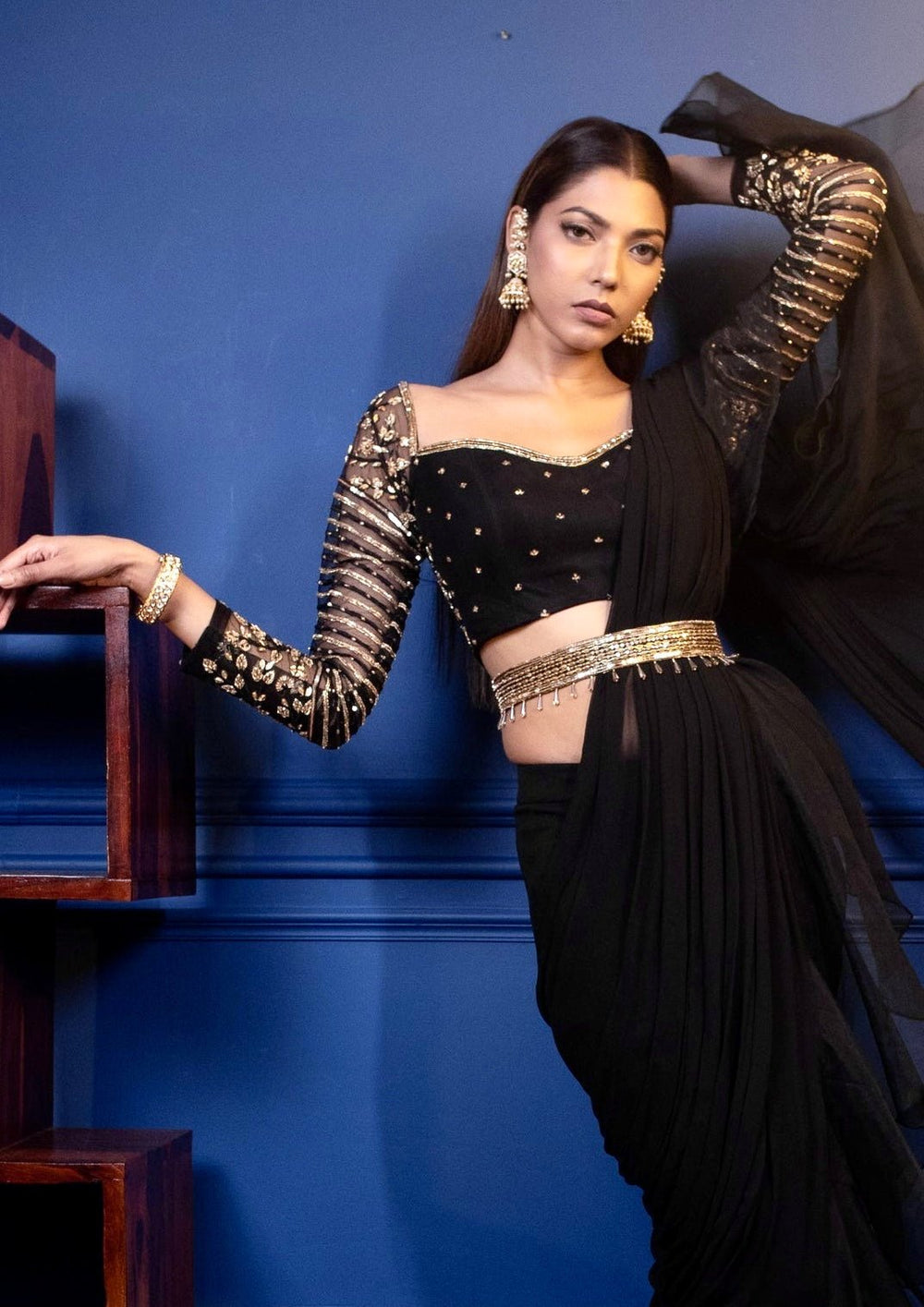 Parul Gandhi Black And Gold Pre Draped SareeFabilicious Fashion