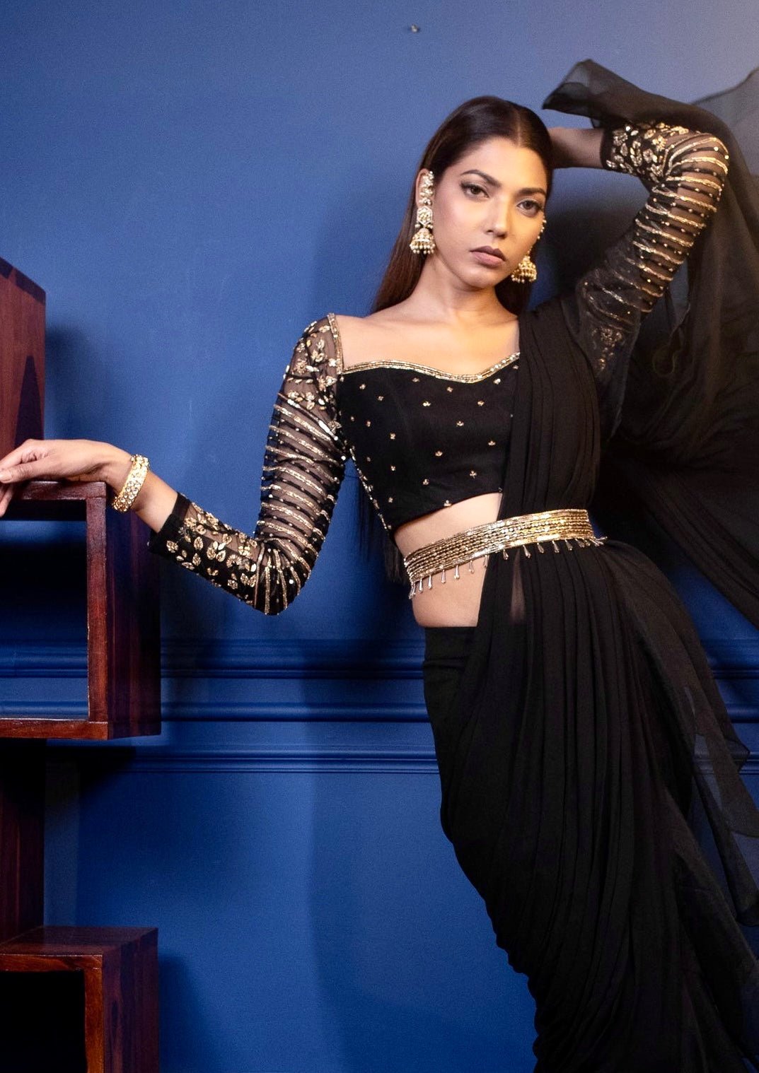 Black and Gold Draped Saree Set Parul Gandhi - Fabilicious Fashion