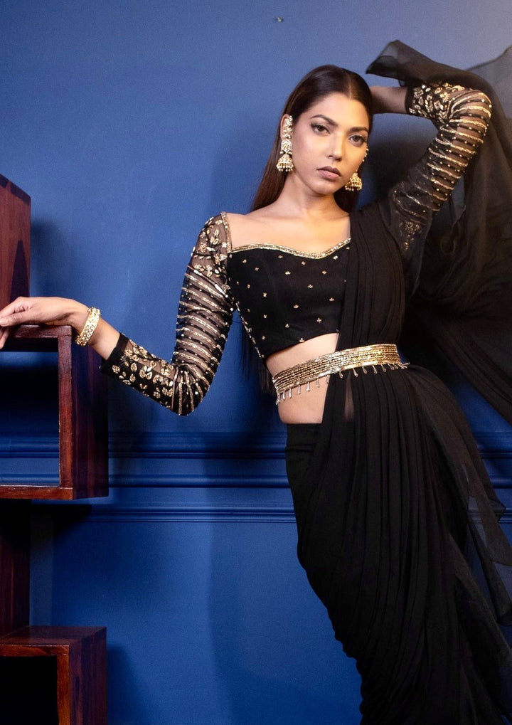 Black and Gold Draped Saree Set Parul Gandhi - Fabilicious Fashion